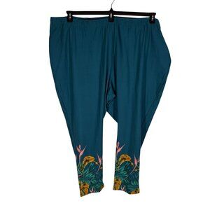 Roaman's Women Plus 6X 42/44 Dark Teal Floral Hem Ankle Elastic Waist Pants NWOT